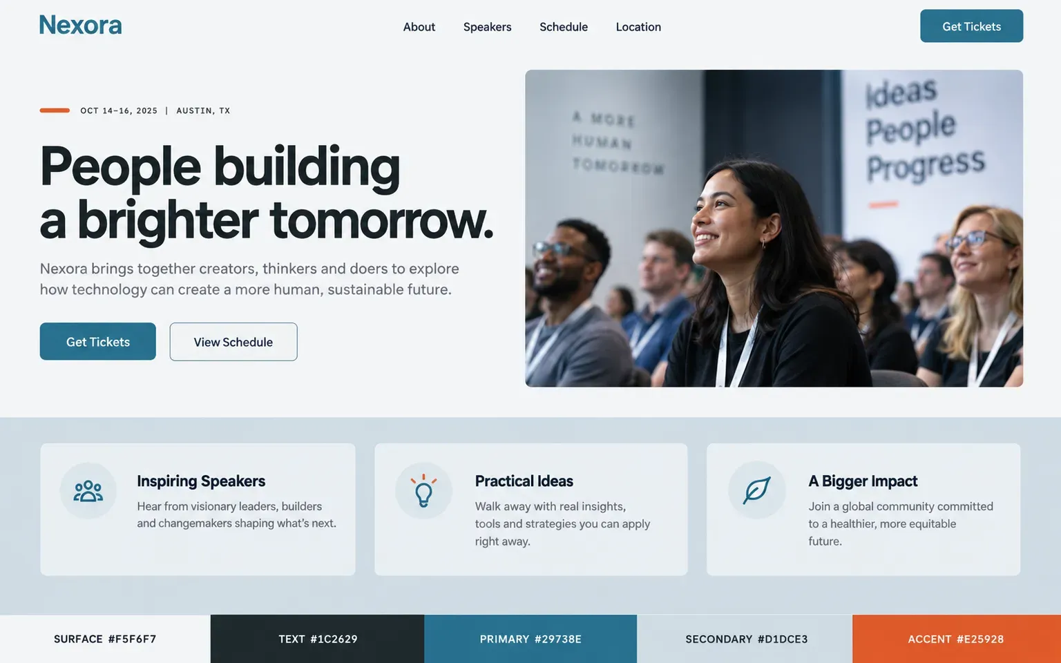 Example website coloured with a palette where the supporting colour covers more of the page than the primary