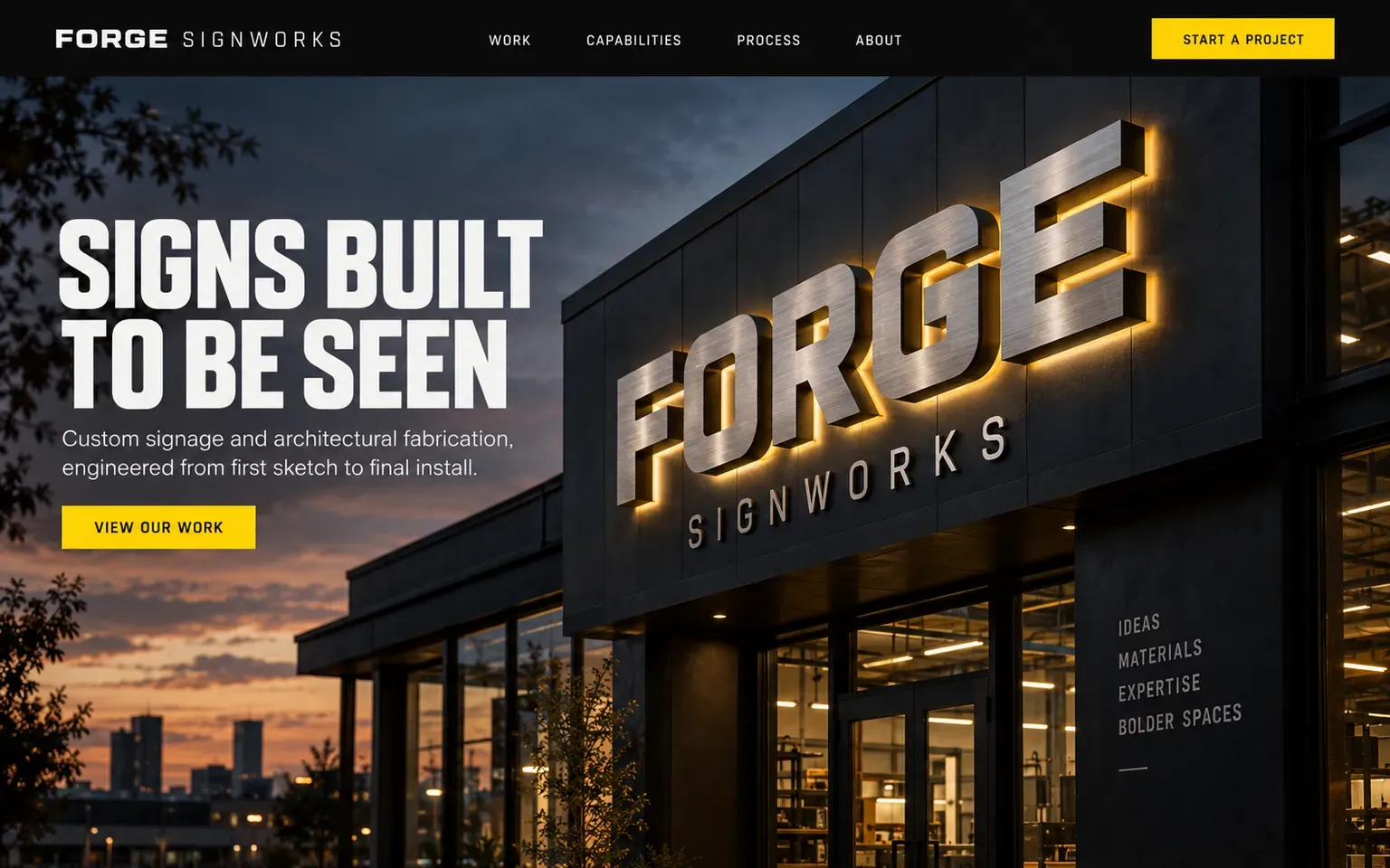Example website for a signage and fabrication company