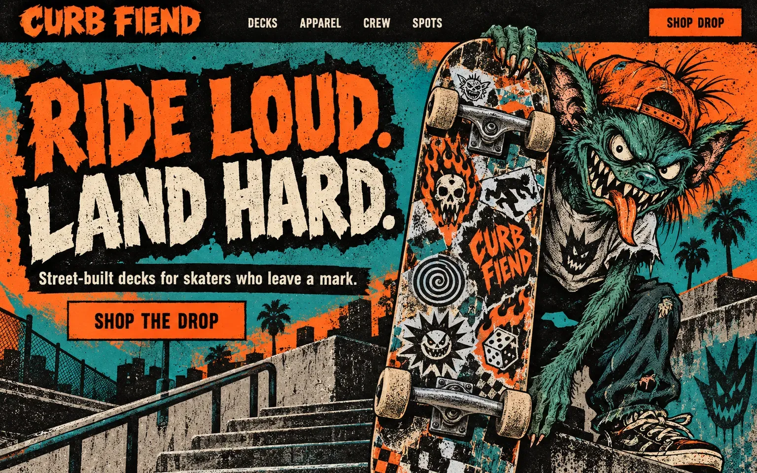 Example website designed in the 1990s skate graphics style
