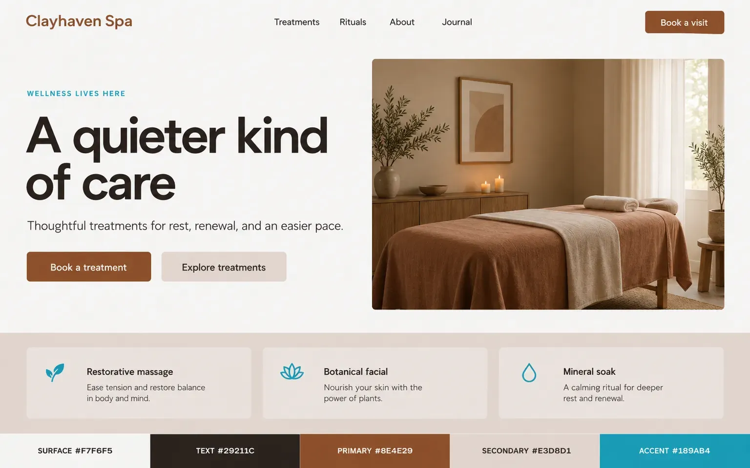 Example website coloured with a warm spa palette in clay