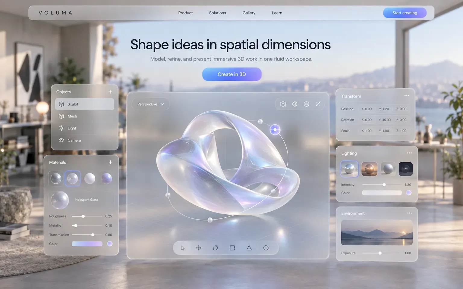 Example website designed in the Spatial computing UI style