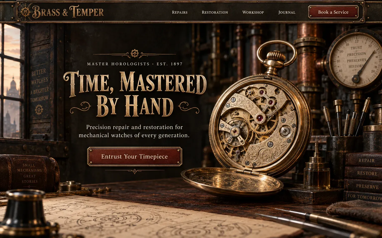 Example website designed in the Steampunk style