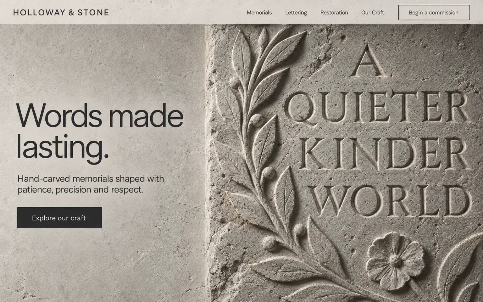 Example website whose artwork is carved stone lettering and relief