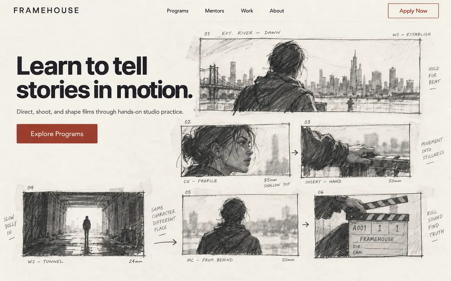 Example website whose artwork is film storyboard drawing