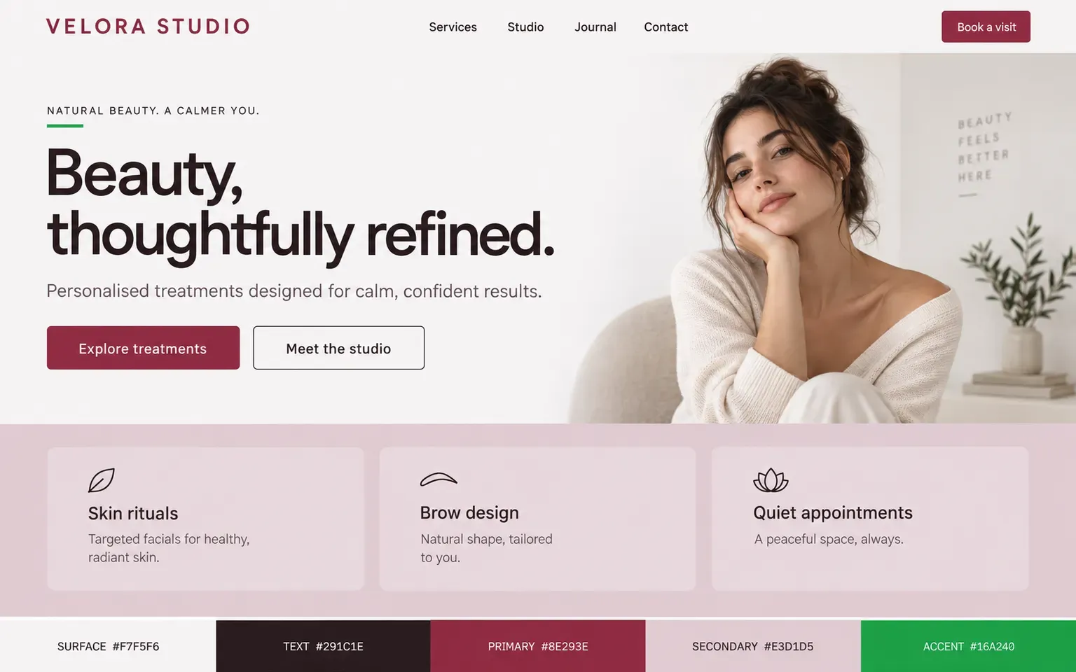 Example website coloured with a palette built on a blush page