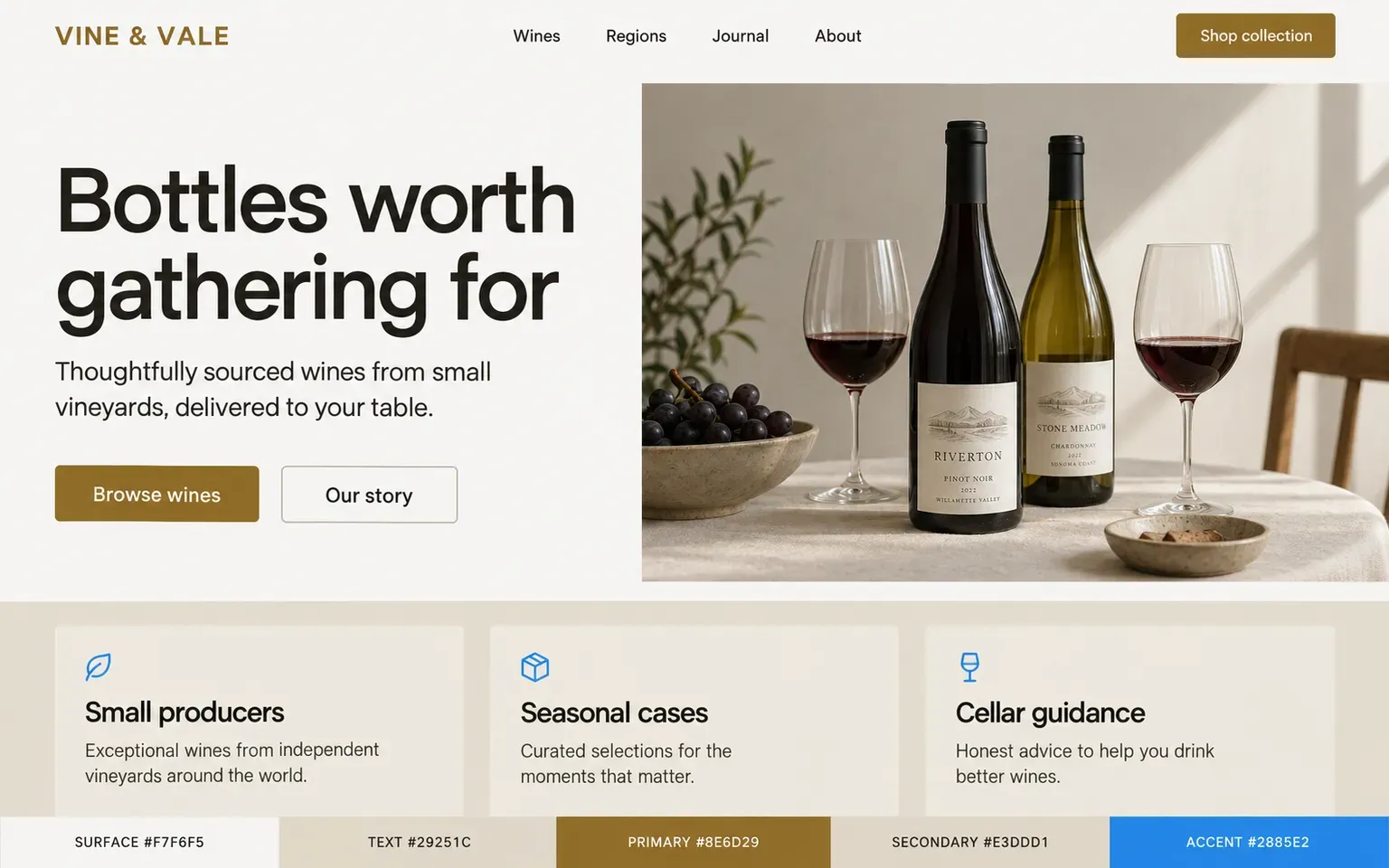 Example website coloured with a palette built on a cream page rather than white