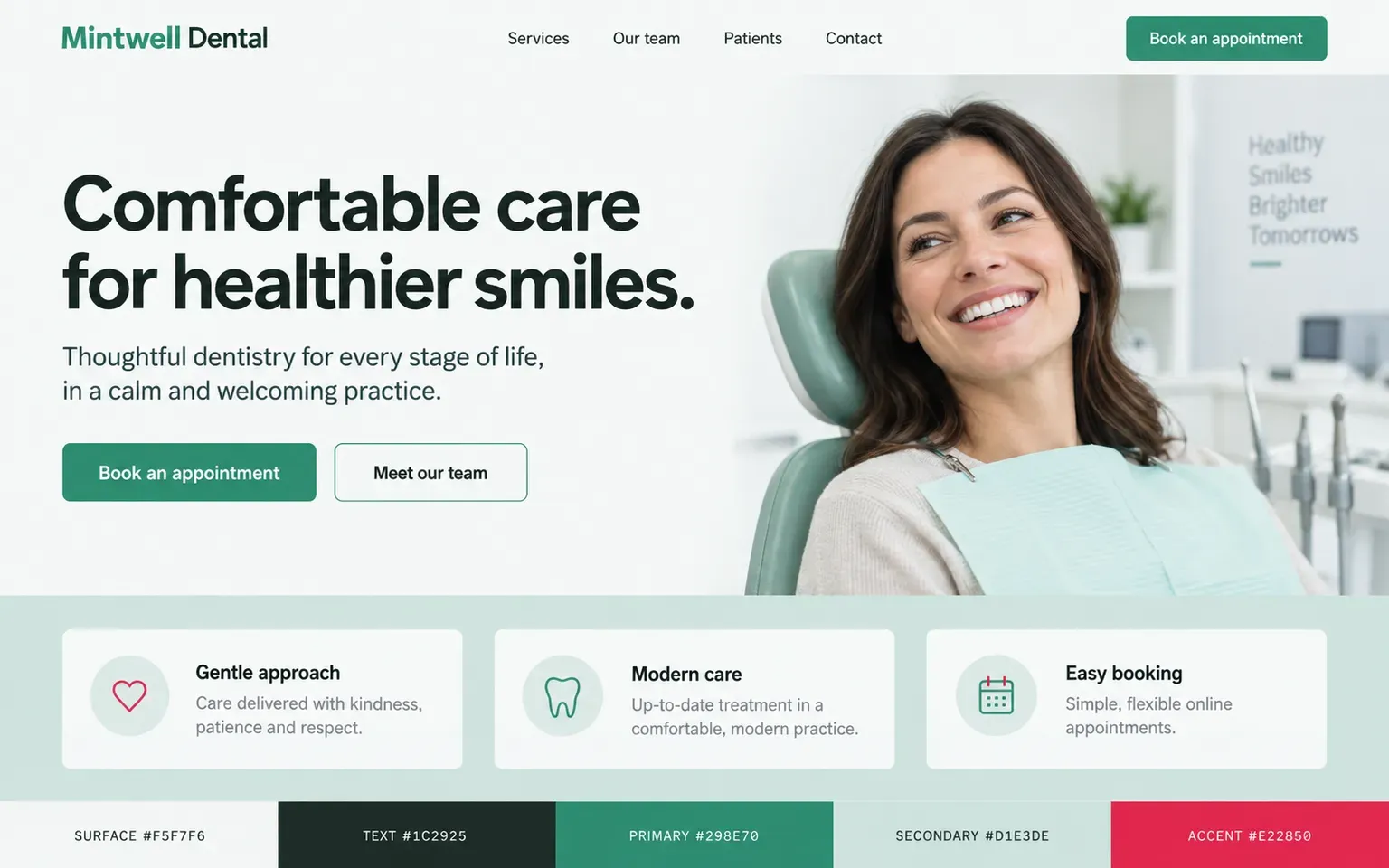 Example website coloured with a palette built on a mint page