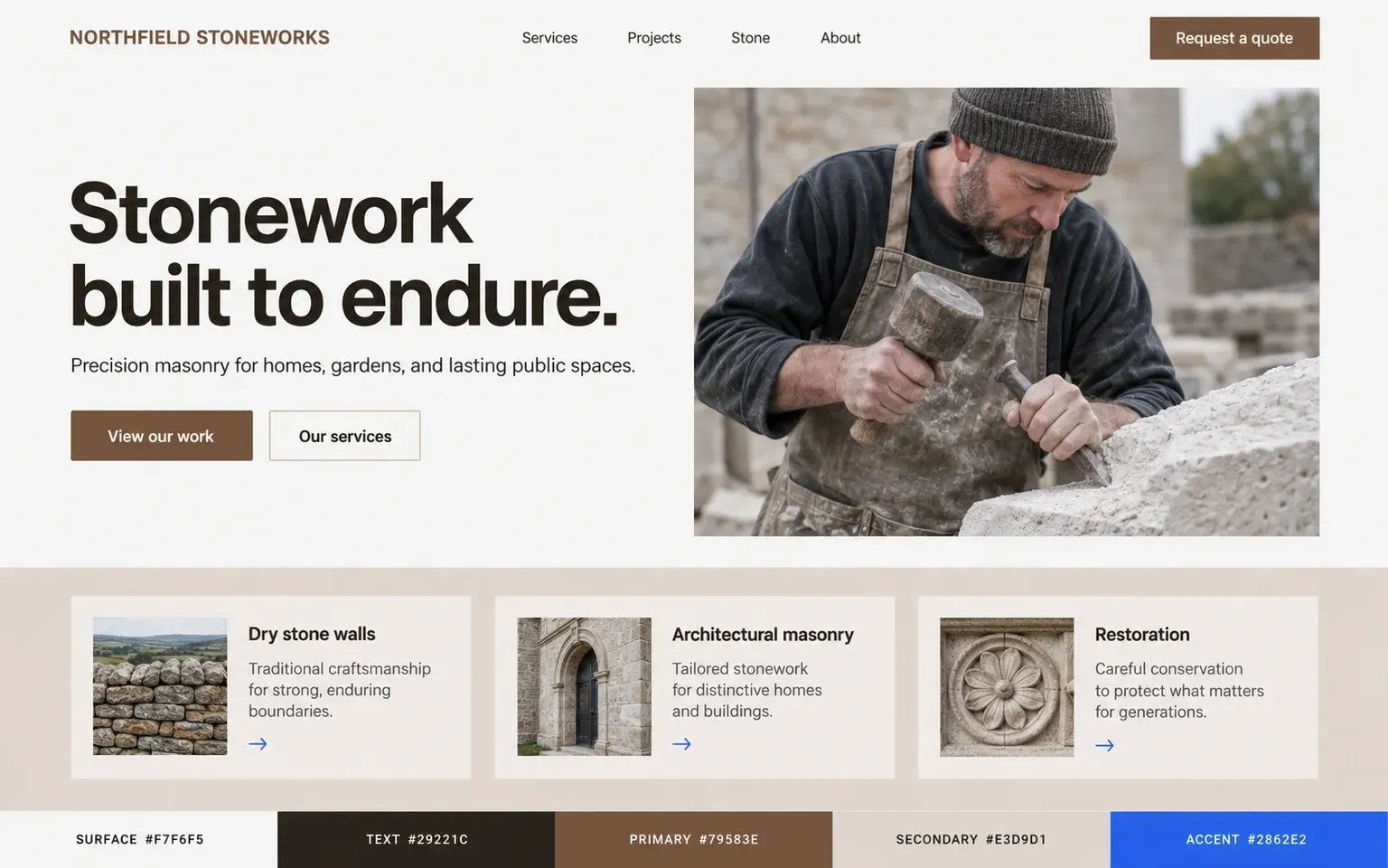 Example website coloured with a palette built on a stone-grey page