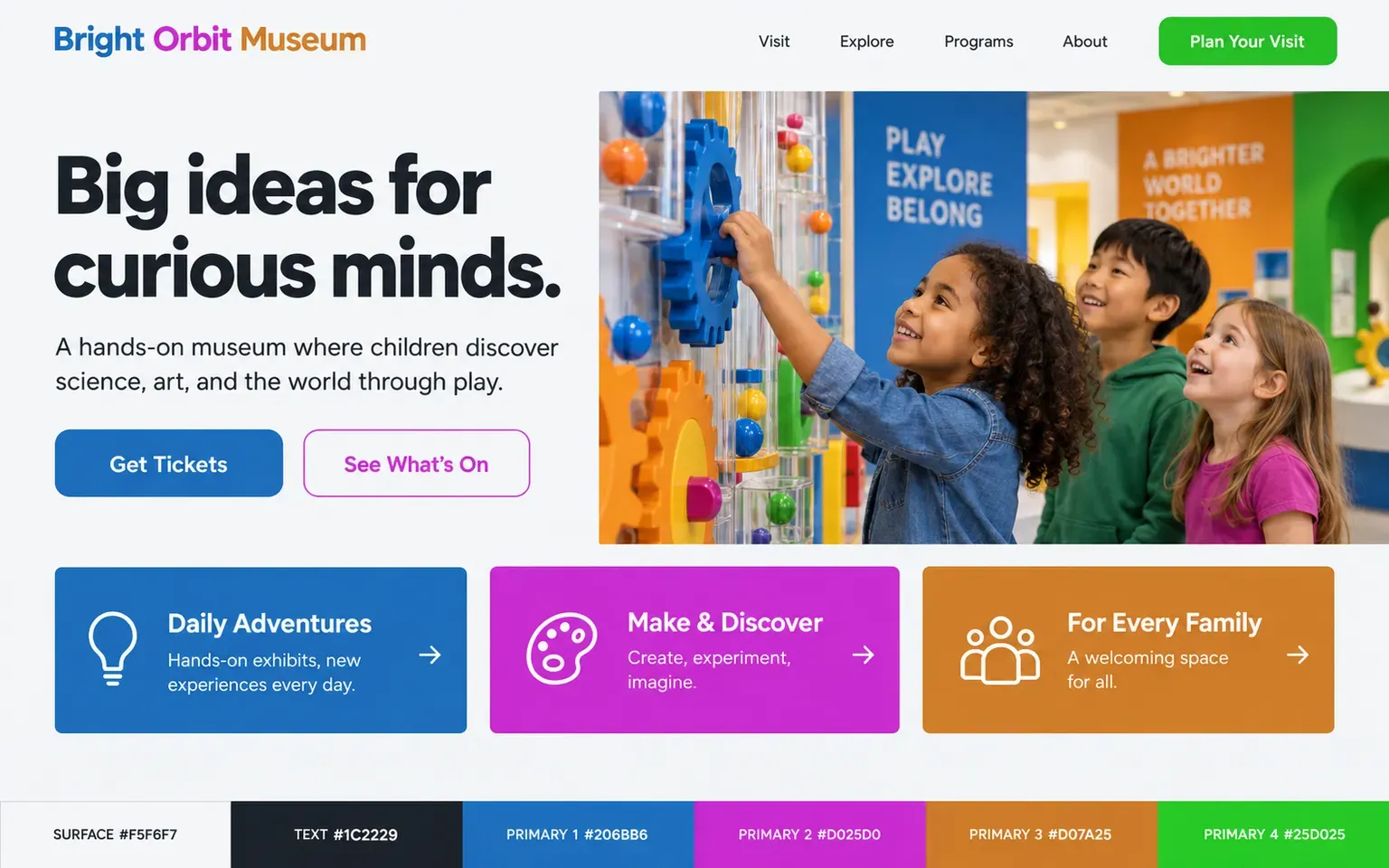 Example website coloured with a tetradic palette of four bright hues