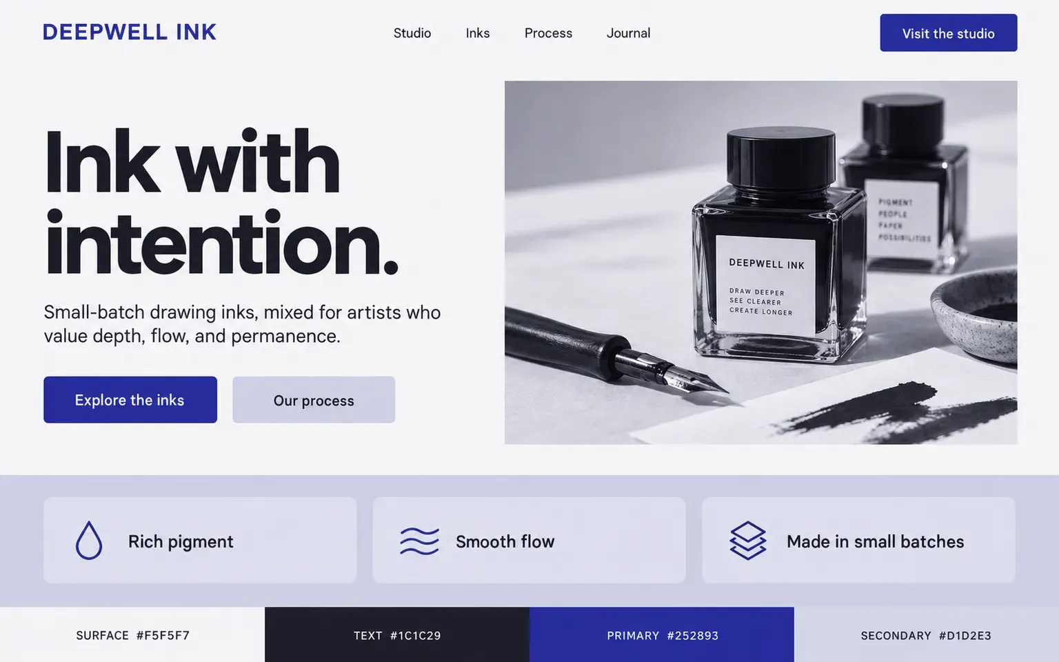 Example website coloured with a palette whose text is the primary hue at its deepest