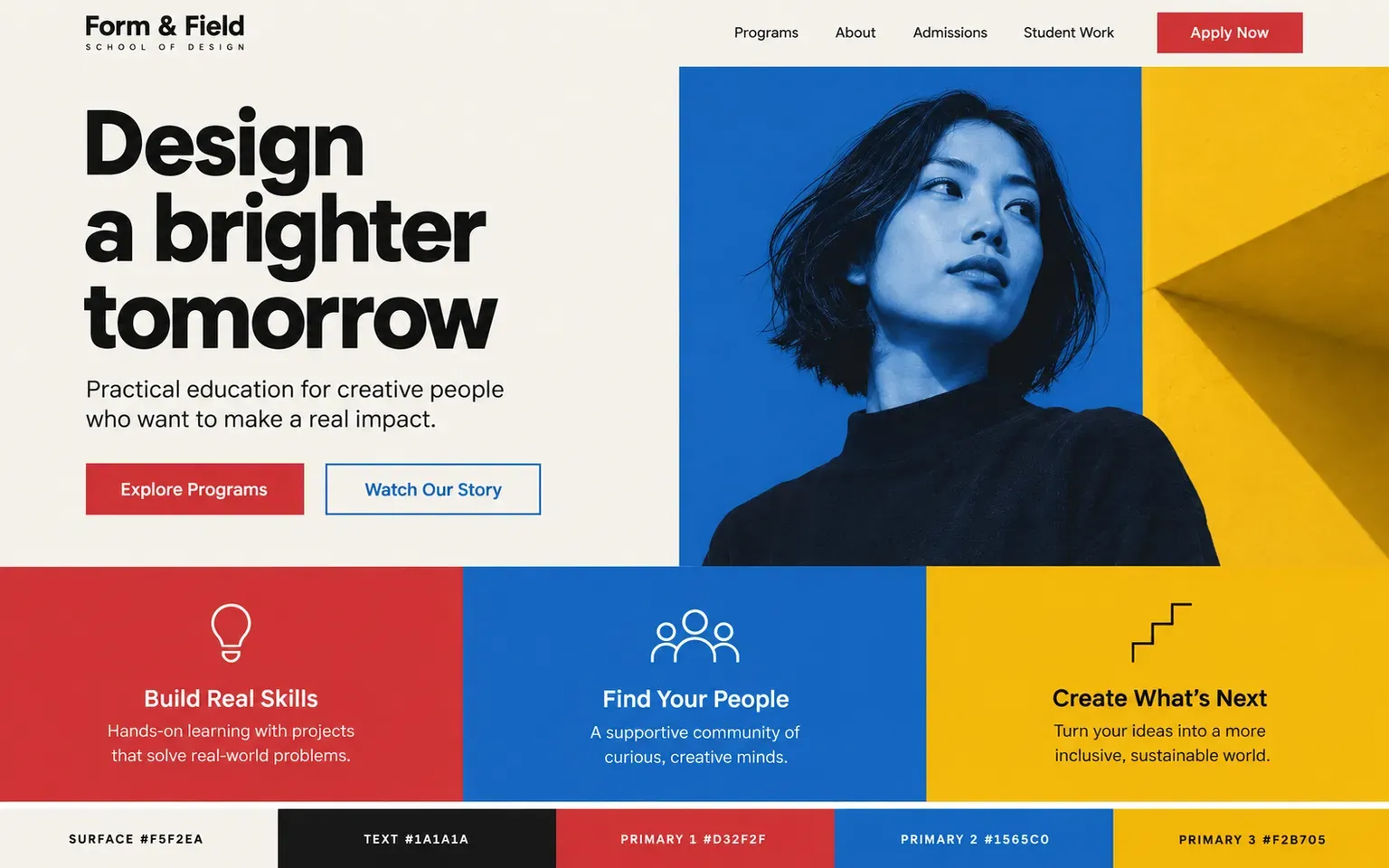 Example website coloured with a palette with three equal primaries and no accent, the bauhaus way of using colour