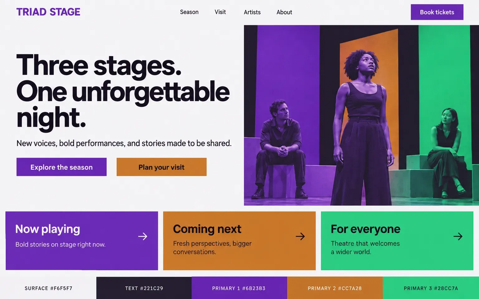 Example website coloured with a palette with three equal primaries, jewel-toned