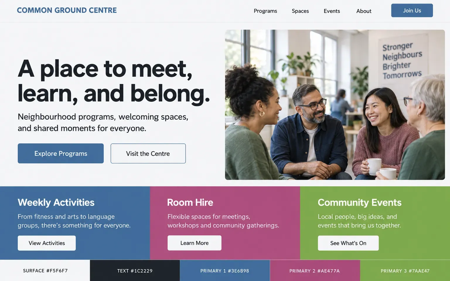 Example website coloured with a palette with three equal primaries, muted