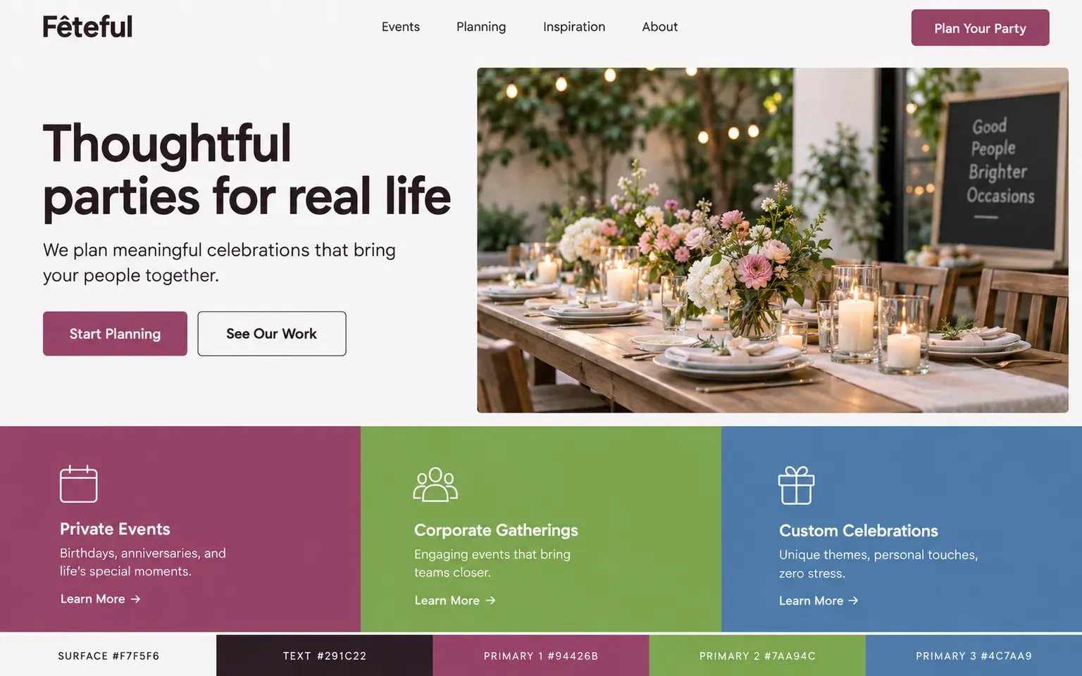 Example website coloured with a palette with three equal primaries, pastel