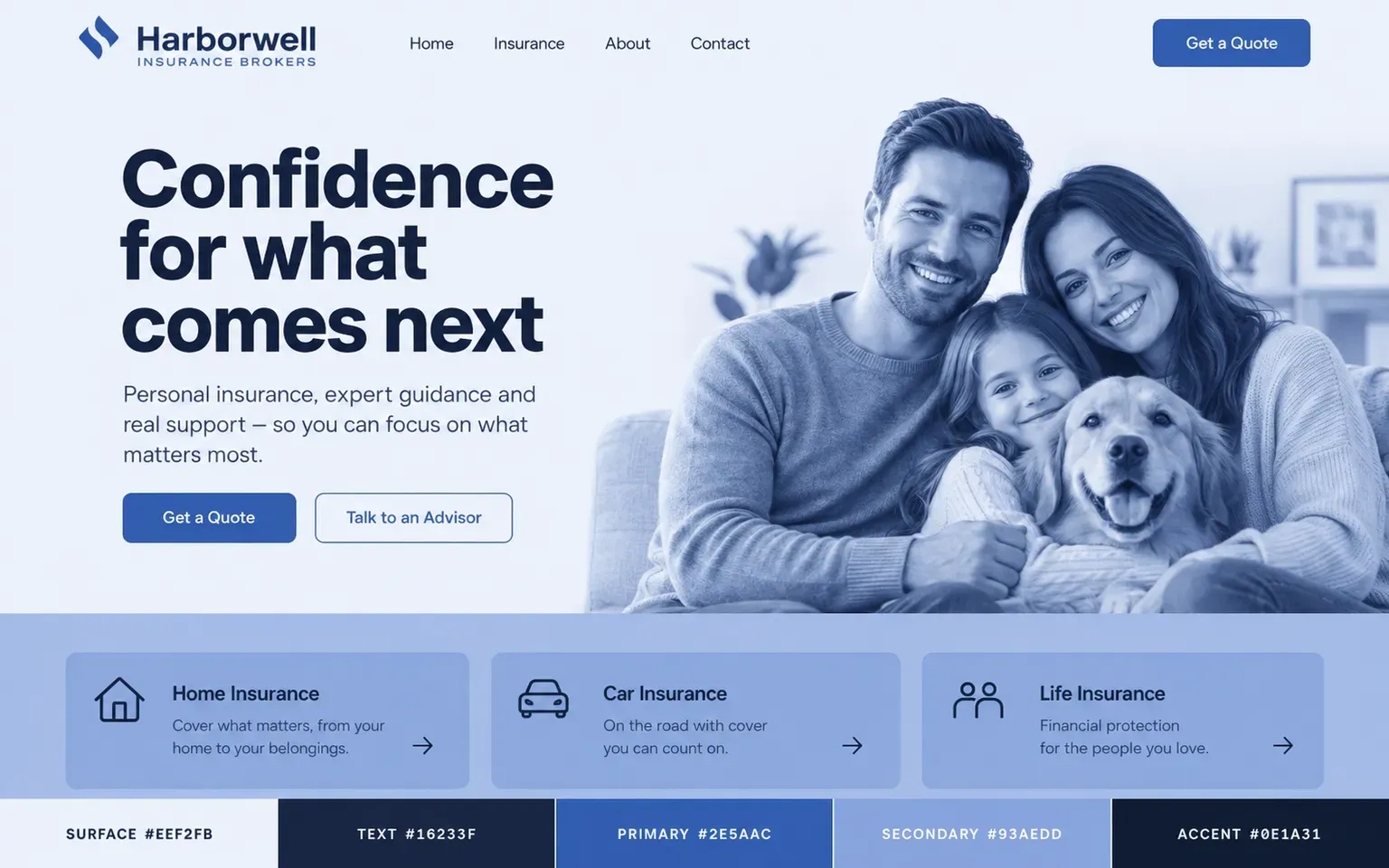 Example website coloured with a palette built from one hue at several strengths