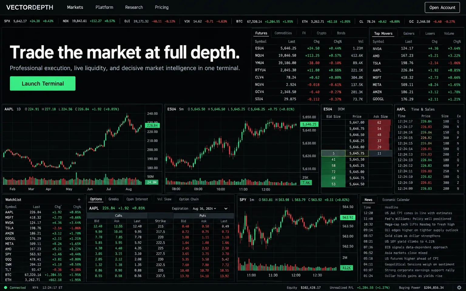 Example website designed in the Trading terminal look style