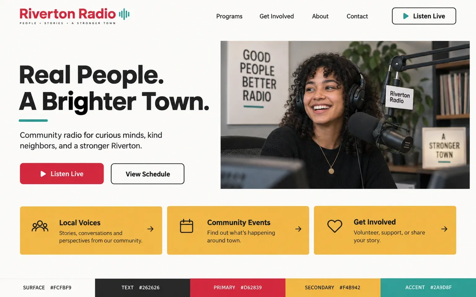 Example website coloured with a palette of three colours evenly spaced around the wheel