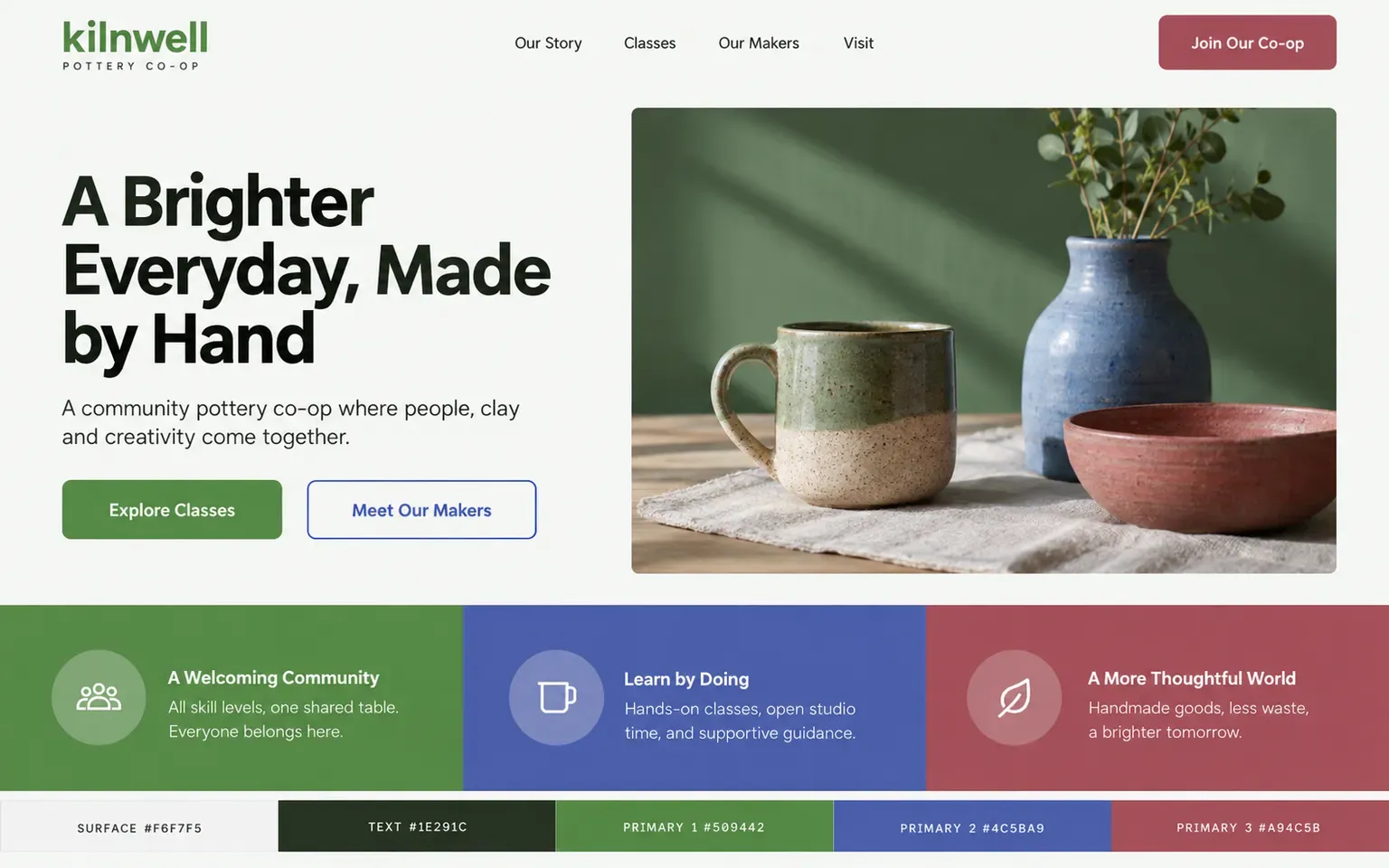 Example website coloured with a triadic palette held at earth strength