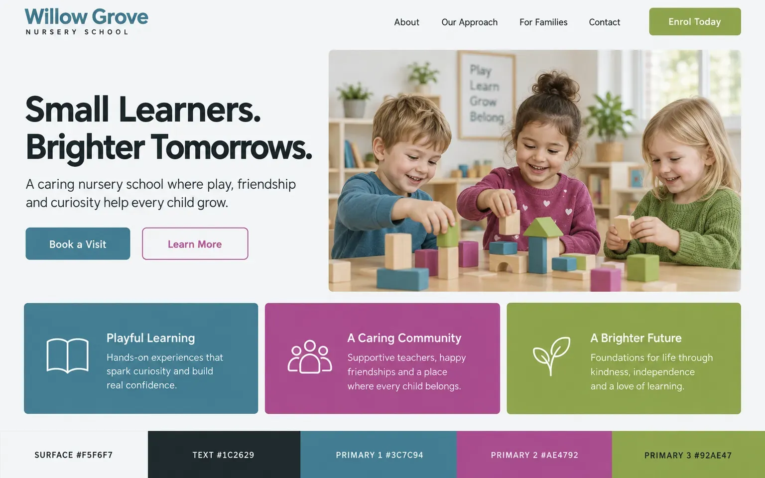 Example website coloured with a triadic palette held at low saturation