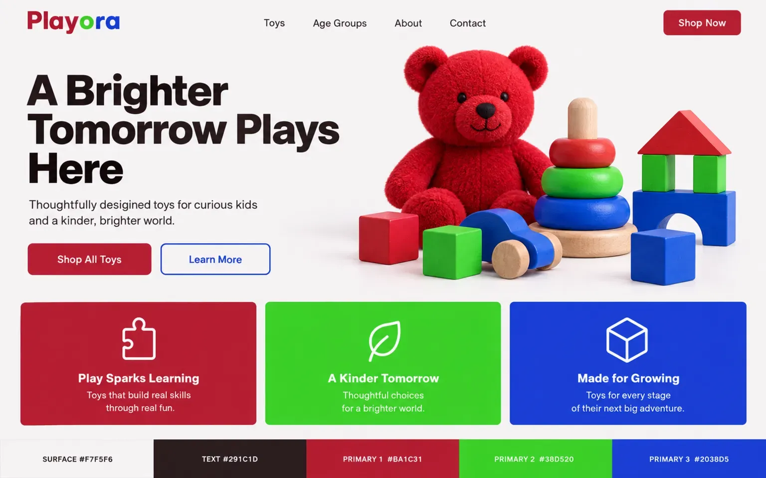 Example website coloured with a triadic palette of saturated colours