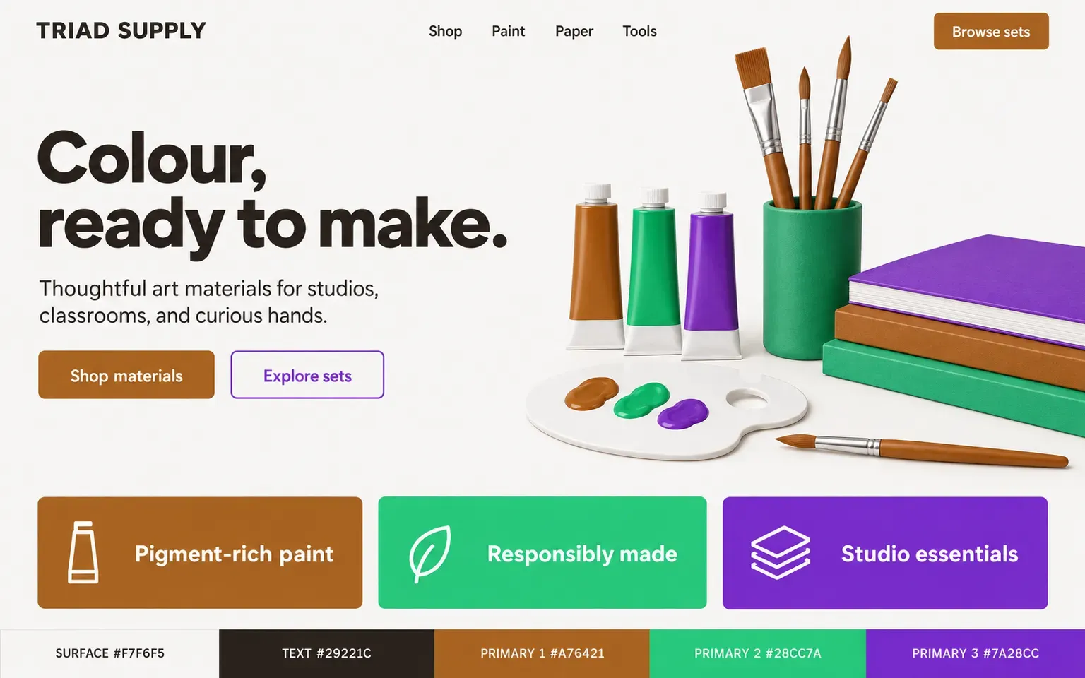 Example website coloured with a triadic palette of secondary colours