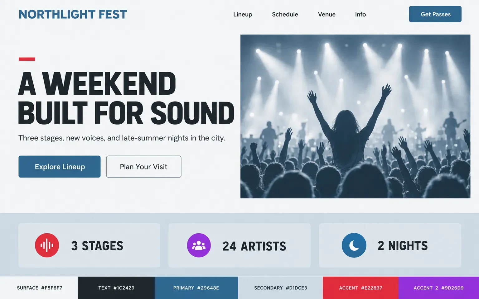Example website coloured with a palette with two accents doing different jobs