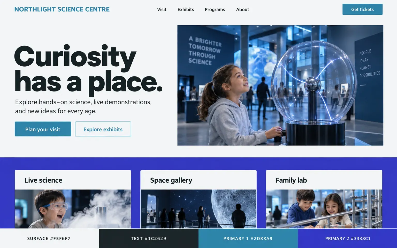 Example website coloured with a palette with two equal cool primaries