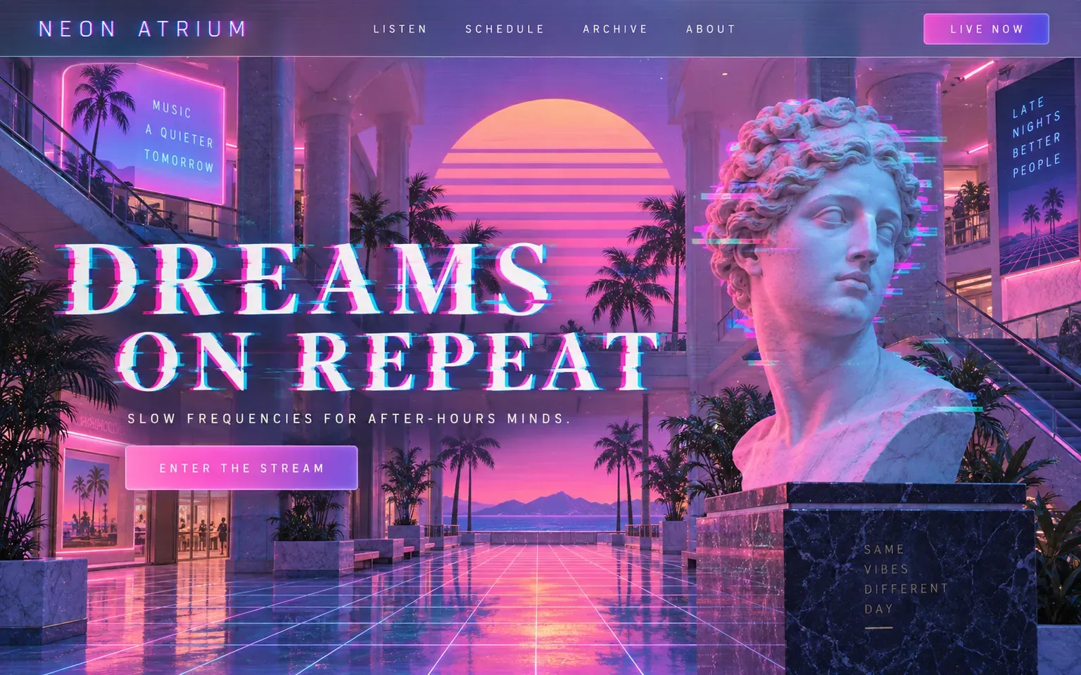 Example website designed in the Vaporwave style