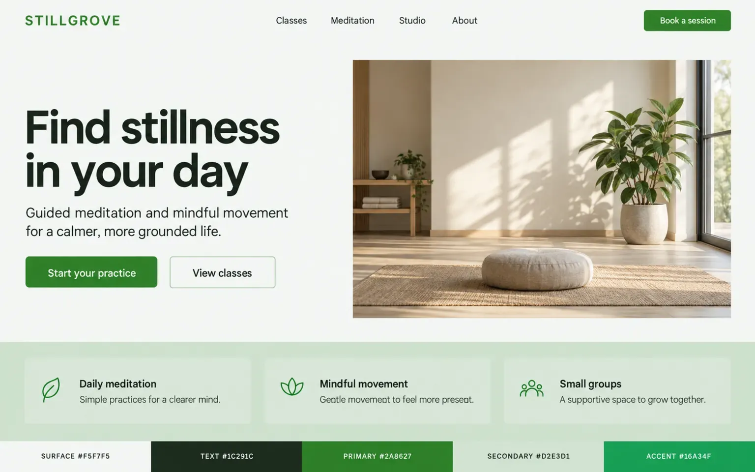 Example website coloured with a calm wellness palette in sage