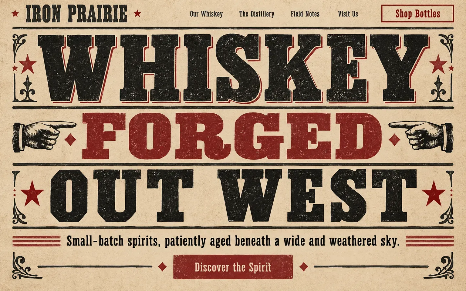 Example website designed in the American wood type and Wild West playbills style