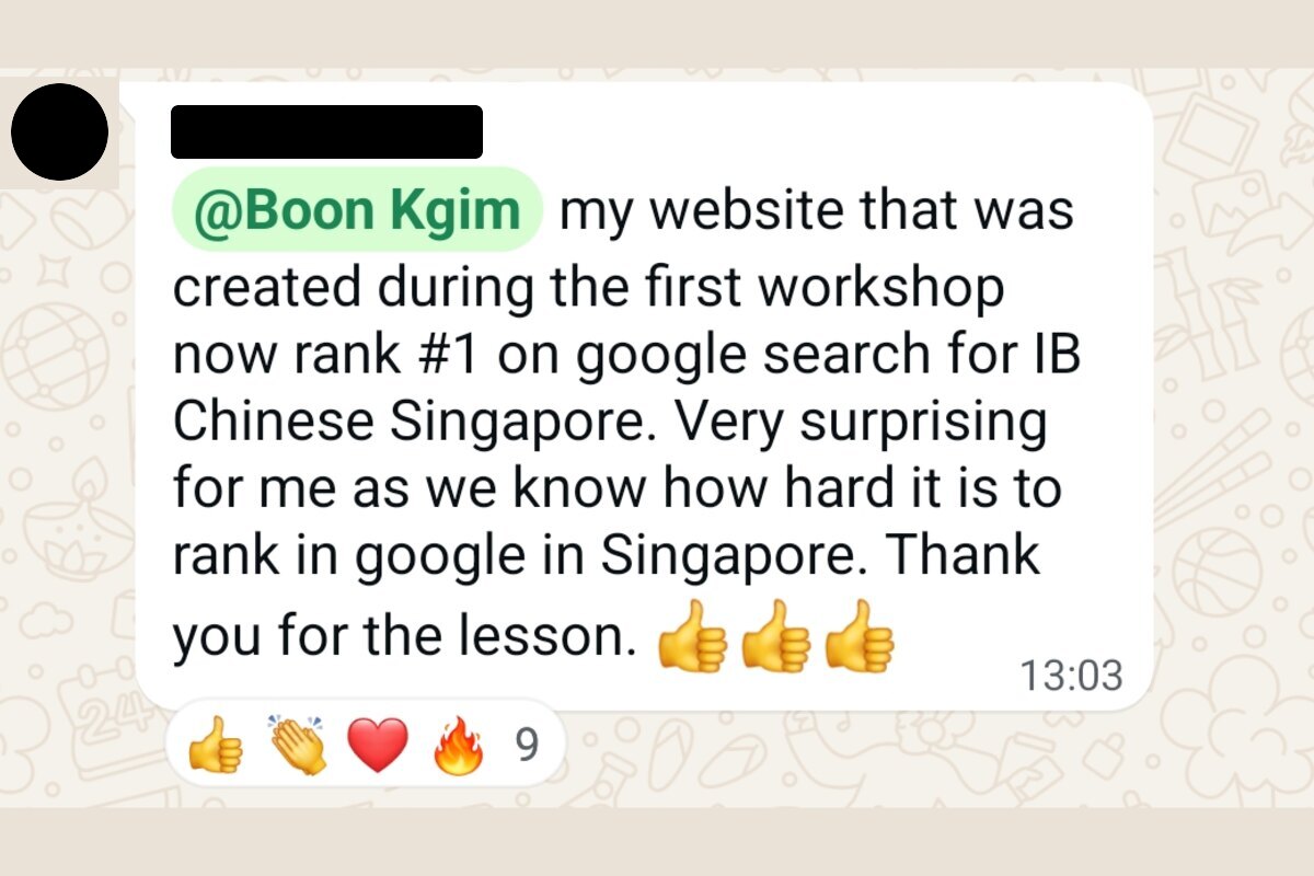 An alumnus messaging the group that their workshop site now ranks #1 on Google for IB Chinese Singapore